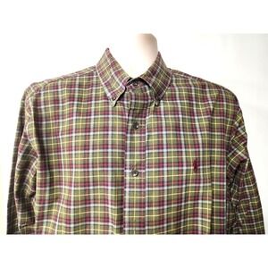 Ralph Lauren Shirt Mens Large Maroon Green Plaid Classic Fit Button Down